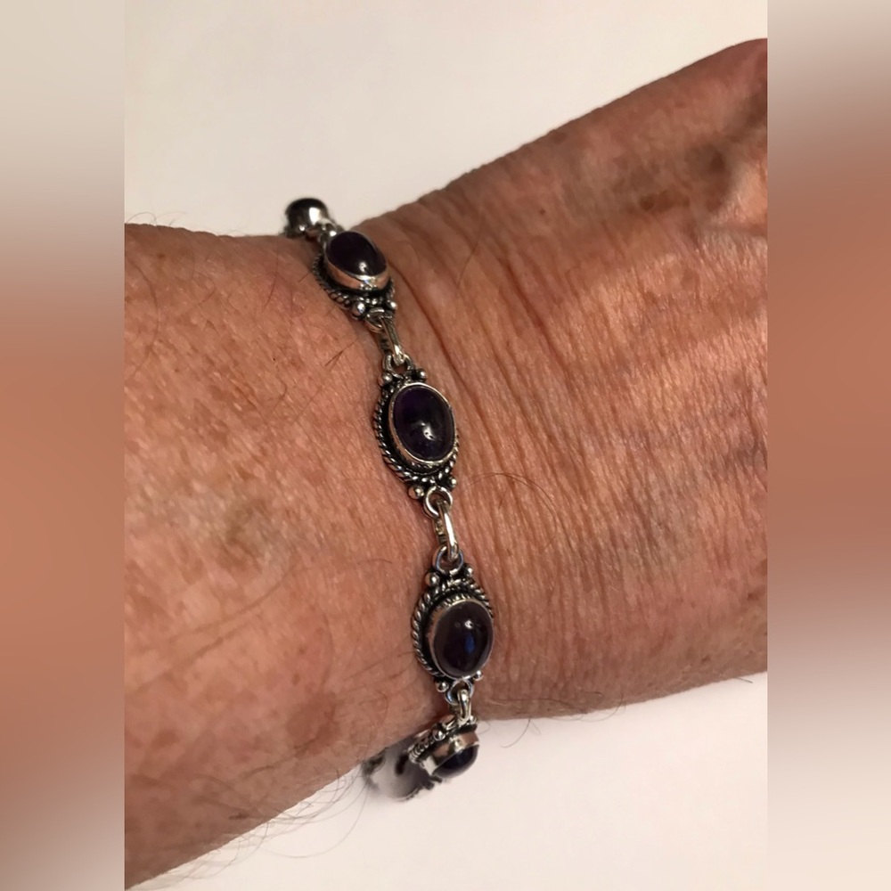 Amethyst Stamped 925 Sterling Silver Bracelet